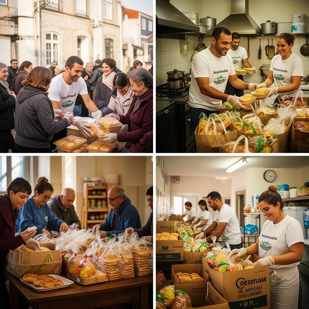 Voluntários a ajudar na distribuição de refeições e preparação de cabazes alimentares